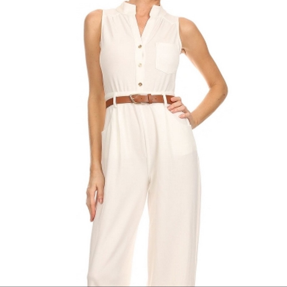 White jumpsuit with a belt and two side pockets - Picture 1 of 6